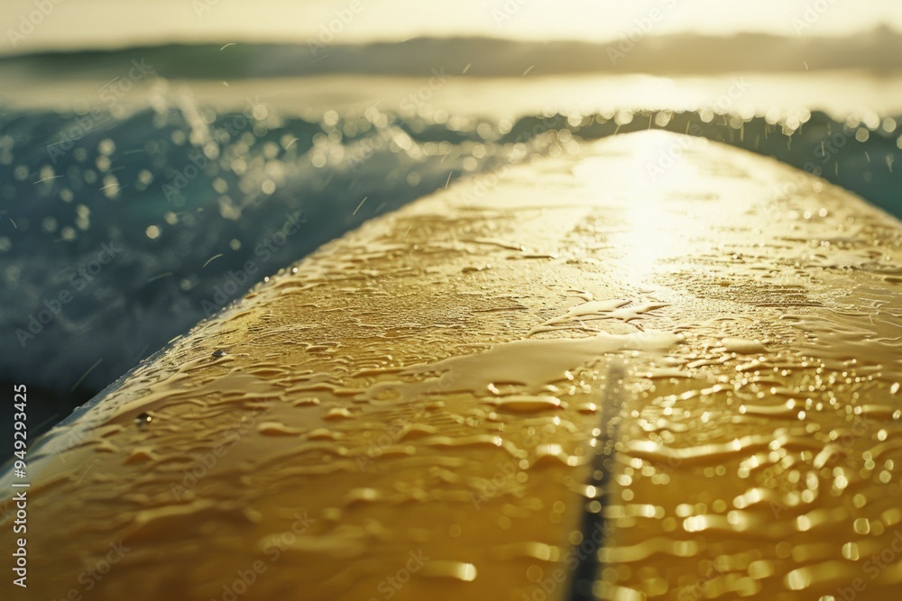Poster a close-up shot of a surfboard floating on the surface of the ocean, great for use in beach-themed d