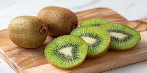 Fototapeta premium Sliced and whole ripe kiwi fruit displayed on a cutting board
