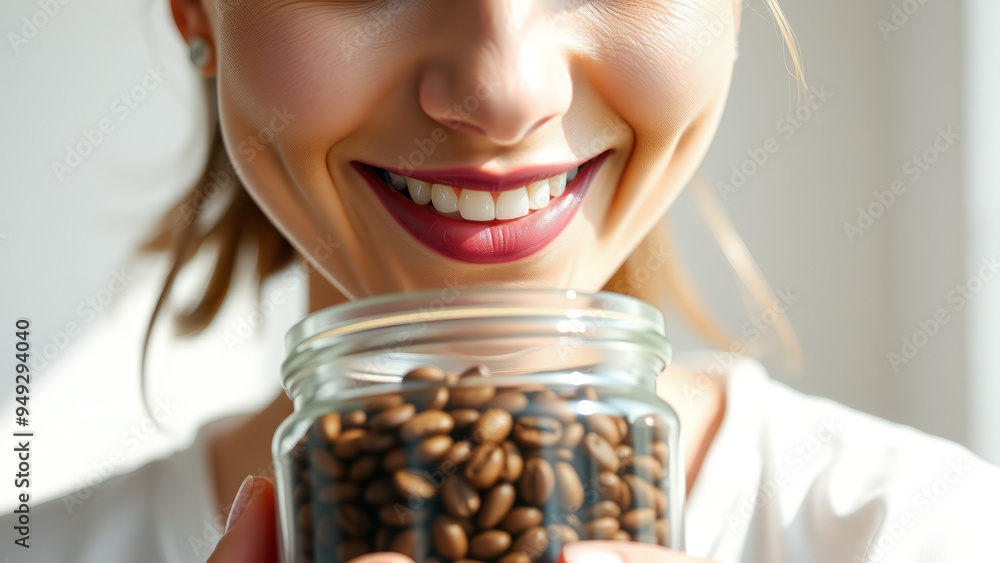 Poster Close Up of Woman Holding Coffee Beans