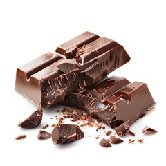 Close-up of a piece of rich chocolate with visible cocoa nibs, isolated on white background, photo-realistic