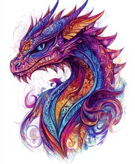 A vibrant, artistic dragon head with intricate patterns and colors.