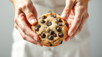 Closeup of a Chocolate Chip Cookie Held in a Woman's Hands
