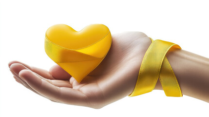 hand holding yellow heart and ribbon on white background, world suicide prevention day, september 10, setembro amarelo, palm, man, fingers, symbol, holiday, awareness, love, illustration, photo, life