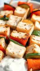 Grilled Halloumi Skewers with Vegetables and Creamy Sauce