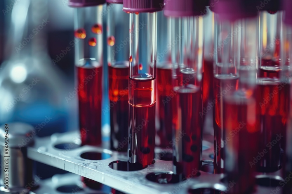 Poster A close-up view of several test tubes filled with red liquid, suitable for use in science and medical contexts
