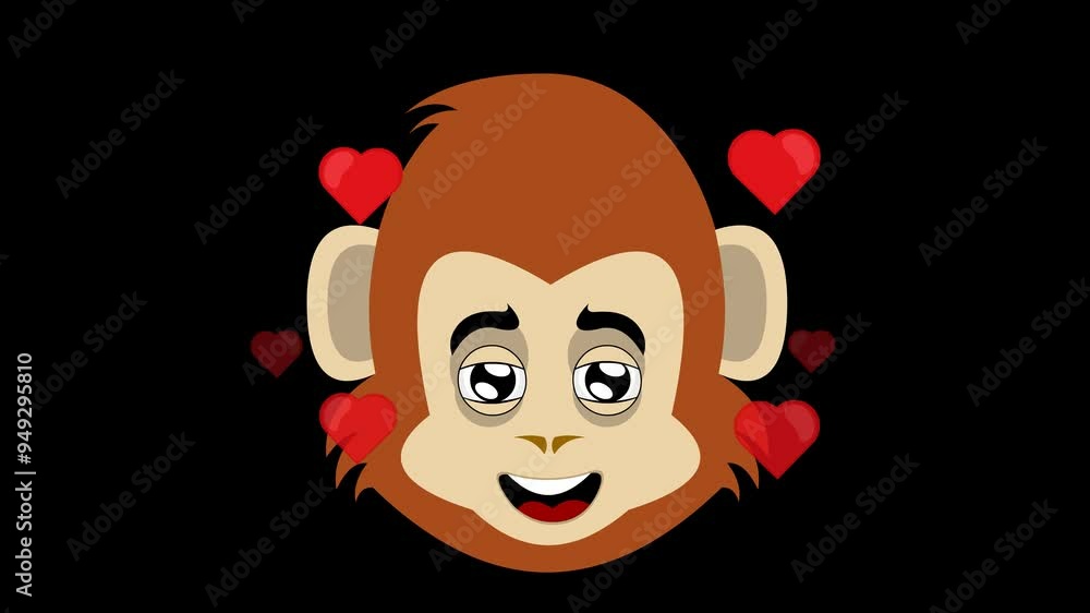 Poster video animation emoticon face monkey or chimpanzee character cartoon, with an expression of love and