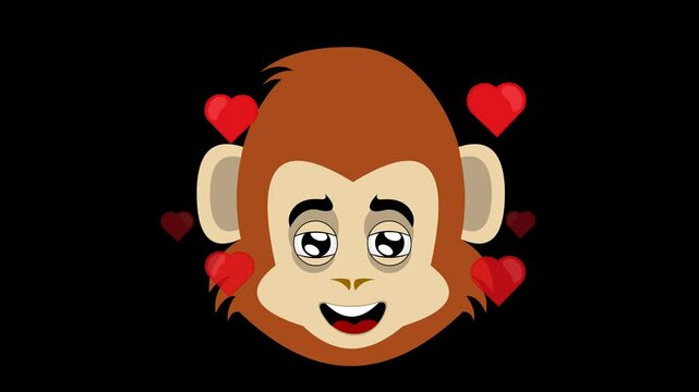 video animation emoticon face monkey or chimpanzee character cartoon, with an expression of love and surrounded by hearts. On a transparent background with alpha channel at zero 