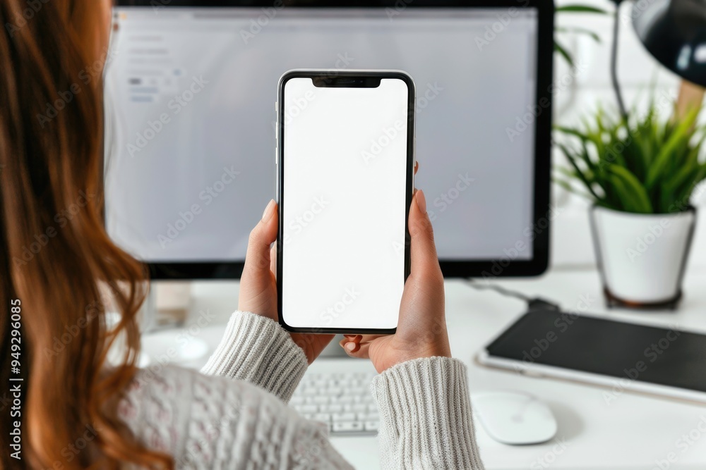 Poster a person sitting at a desk with a phone and computer, great for illustrations on digital communicati