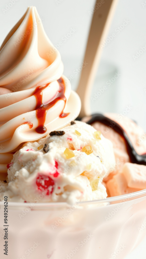 Poster Closeup of Delicious Vanilla Ice Cream with Chocolate Syrup and Toppings