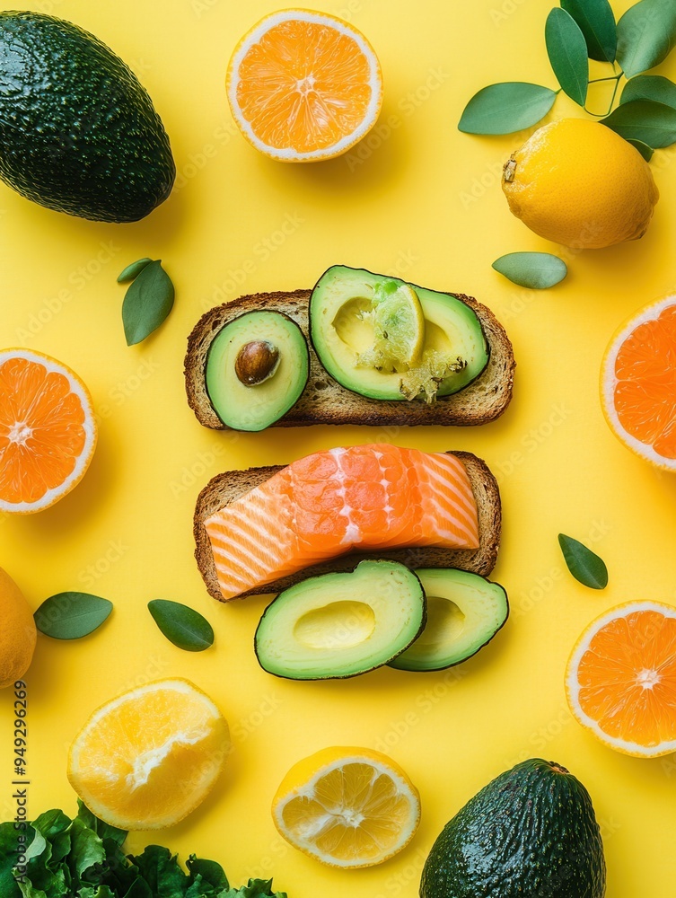 Aufkleber A colorful breakfast display includes avocado toast topped with salmon and surrounded by fresh citrus fruits on a bright yellow backdrop. Generative AI