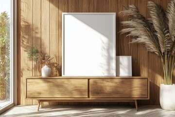 Poster Frame Mockup on Wooden Interior Background created with Generative AI