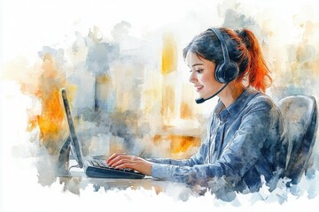 A focused woman with a headset uses a laptop, representing remote work and customer support in a modern office environment.