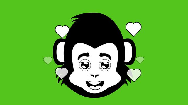video drawing animation emoticon face monkey or chimpanzee character cartoon, with an expression of love and surrounded by hearts symbol, drawn in black and white color. On a green chroma key backgrou