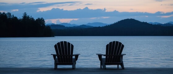 Naklejka premium Two Adirondack Chairs on a Dock Overlooking a Lake and Mountains