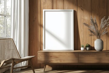 Poster Frame Mockup on Wooden Interior Background created with Generative AI
