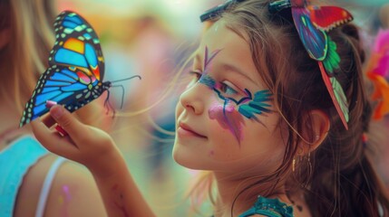 Naklejka premium A young girl holds a colorful butterfly in her hand