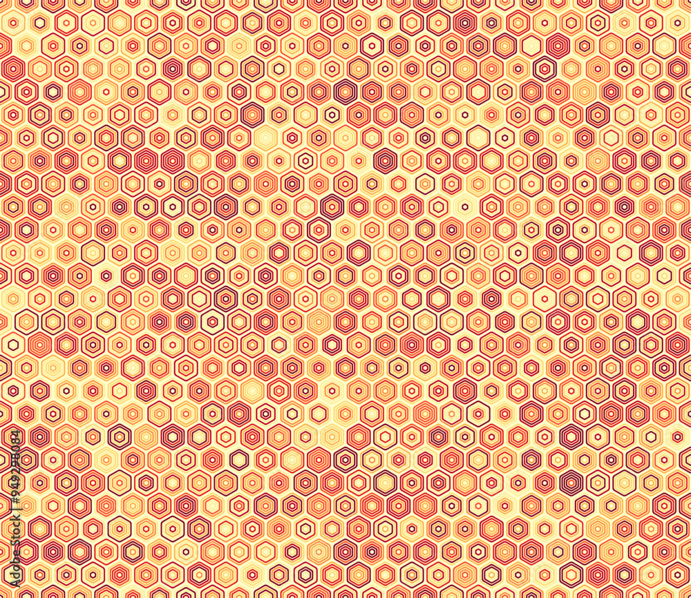 Poster Abstract template background. Bold rounded stacked hexagons mosaic pattern. Hexagon shapes. Multiple tones color palette. Seamless pattern. Tileable vector illustration.