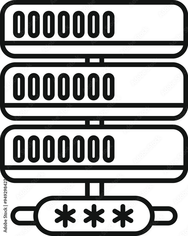 Poster line art icon of a server room being accessed by a user entering password