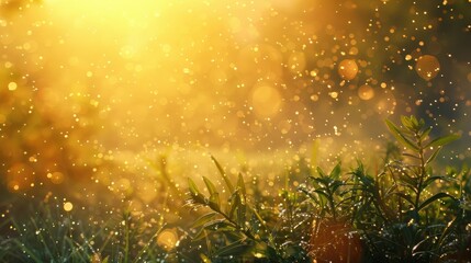 Fototapeta premium Severe hailstorm impacting a grassy area with shrubs in sharp focus.