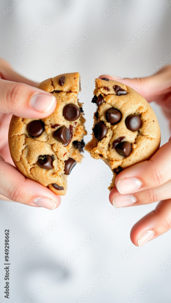 Canvas Prints Closeup of a broken chocolate chip cookie held by a woman's hands