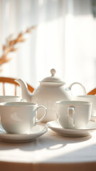 Fototapeta premium Teacups and Teapot on a White Table