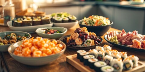 Obraz premium Variety of cheese balls, steak tartare, sushi rolls, shrimp salad, and BBQ chicken presented on a table.