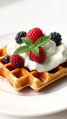 Closeup of a Waffle with Whipped Cream and Berries