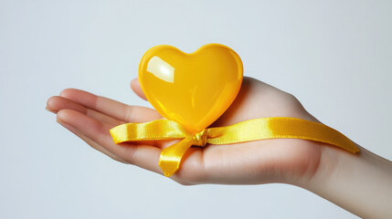 hand holding yellow heart and ribbon on white background, world suicide prevention day, september 10, setembro amarelo, palm, man, fingers, symbol, holiday, awareness, love, illustration, photo, life