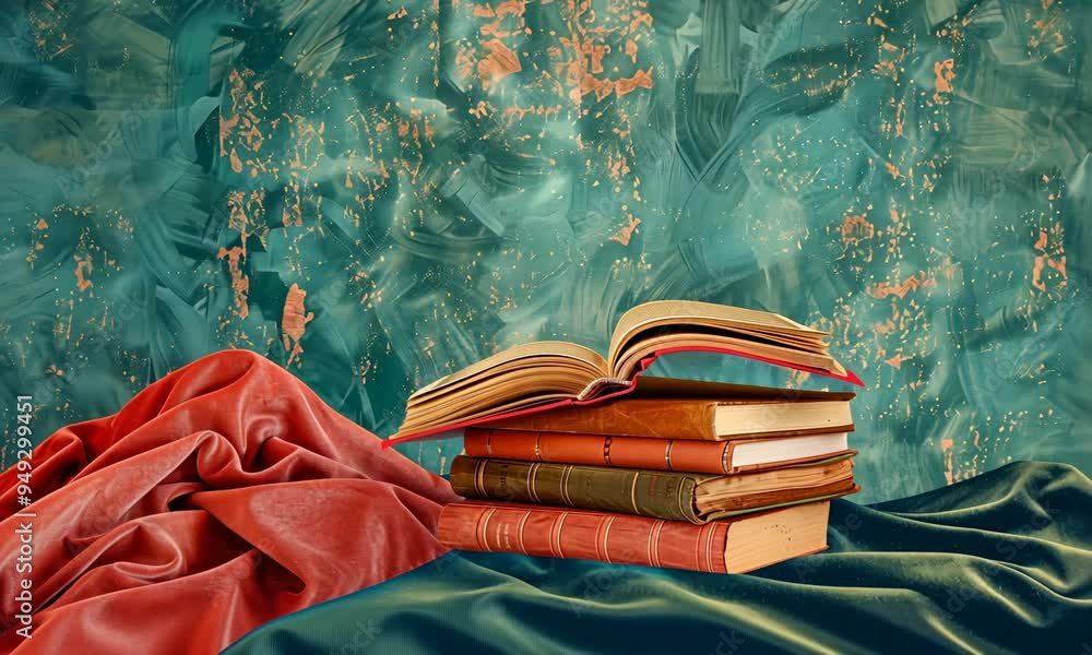 Poster a stack of old books on a green and red textured backdrop with abstract patterns.