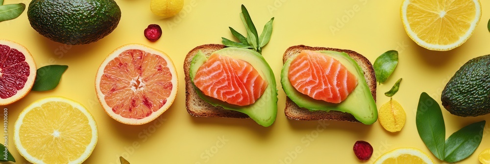 Aufkleber enjoy a nutritious breakfast featuring avocado toast topped with salmon, accompanied by colorful cit