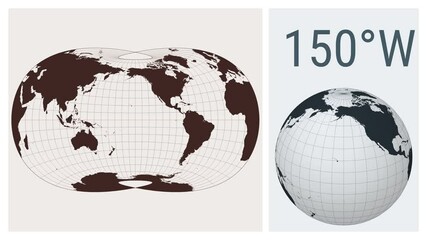 World Map Animation. Laskowski tri-optimal projection. Solid color style. Animated world map in Laskowski projection. Loopable animation showing longitude shift and matching globe.