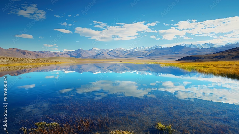 Poster A calm lake reflects the sky and mountains.