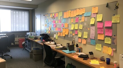 Naklejka premium Brainstorming Session with Scattered Sticky Notes and Diagrams on a Wall