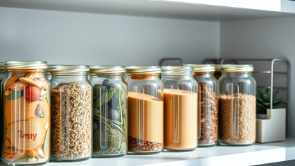 Glass Jars Filled with Various Ingredients on Shelf