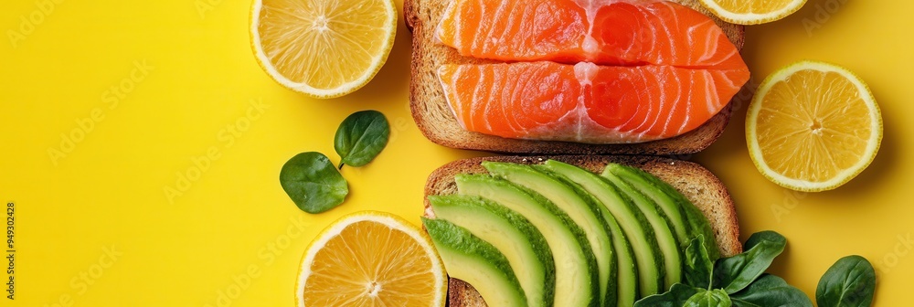 Poster a vibrant breakfast spread showcases avocado toast topped with fresh salmon, accompanied by citrus s