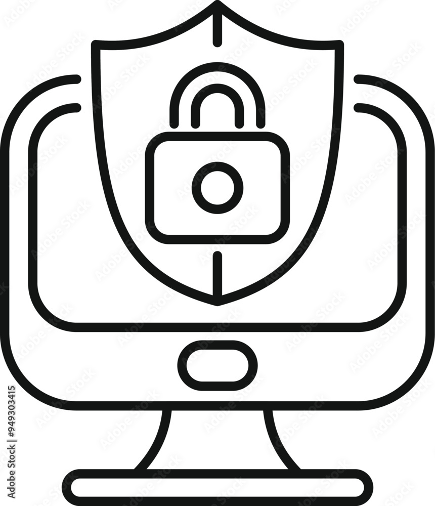 Poster shield with a padlock is protecting a computer, representing online security