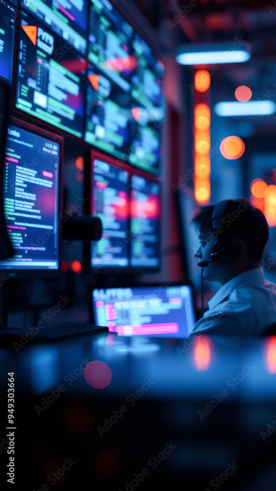 Poster hacker working late in a dark room