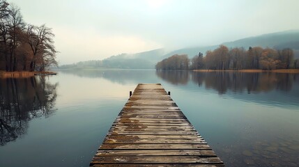 A wooden pier extends out onto a calm lake with trees and mountains in the background.