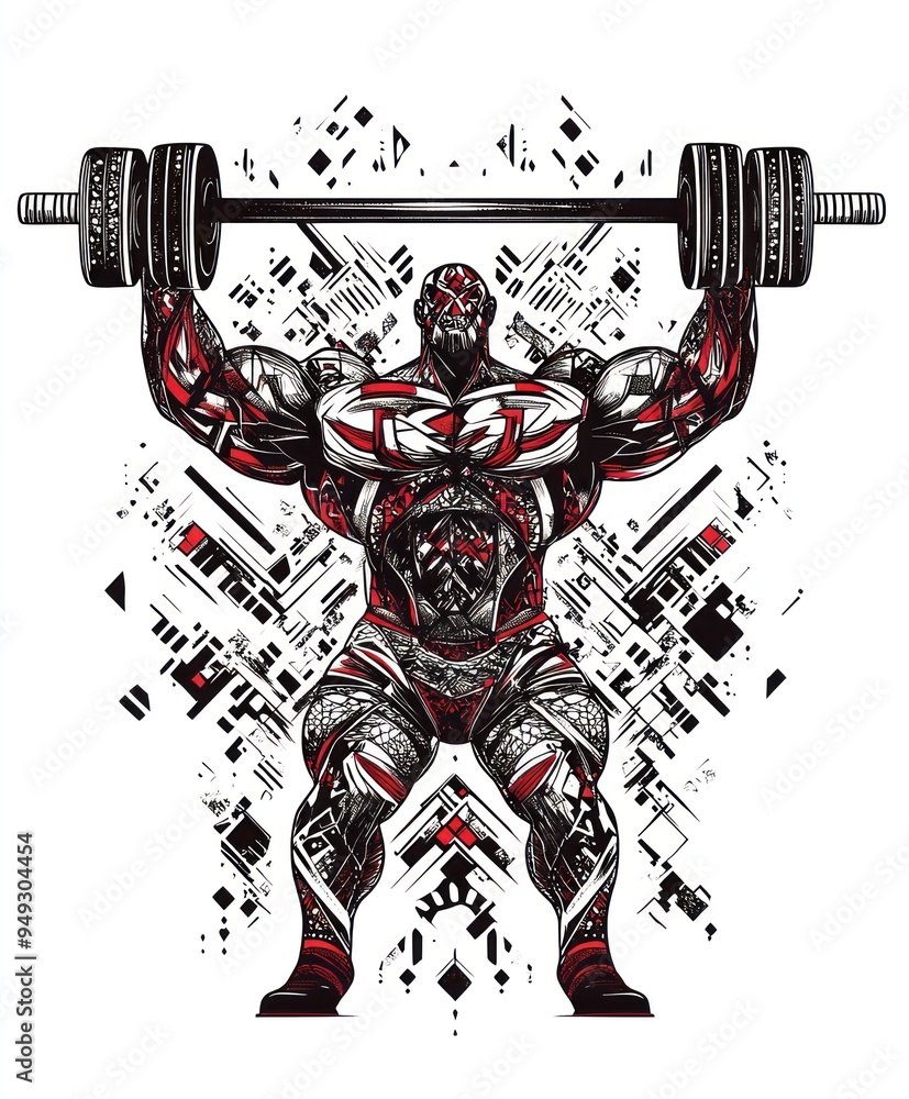 Canvas Prints A muscular figure lifting a barbell, surrounded by abstract shapes and patterns.