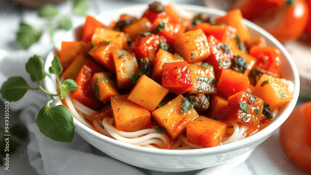 Wall mural close-up of a bowl of pasta with tomato sauce and vegetables