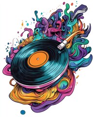 A colorful illustration of a vinyl record surrounded by vibrant, swirling colors.