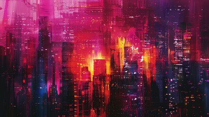 Fototapeta premium An illustrated cityscape with bright lights.