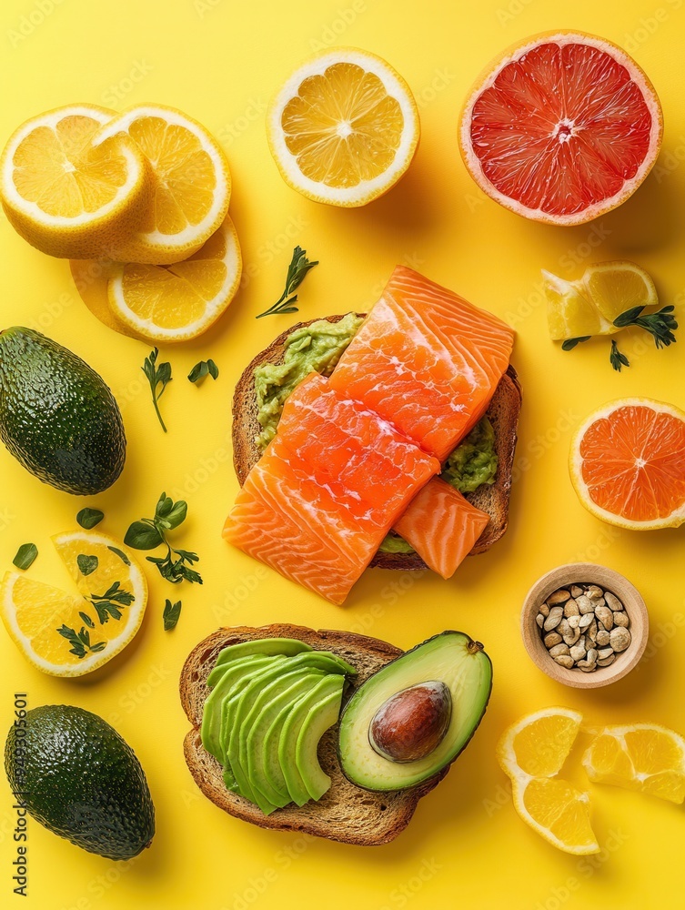 Poster a delicious breakfast spread displays avocado toast topped with salmon, surrounded by fresh citrus f