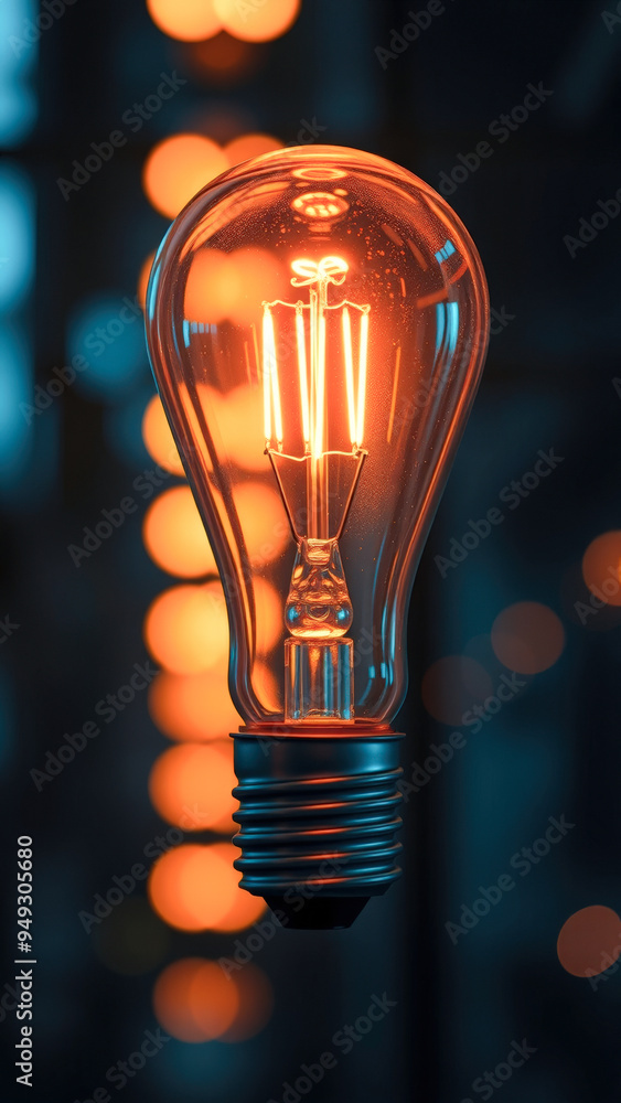 Poster glowing lightbulb with bokeh background