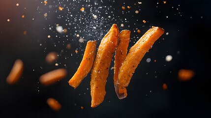 Crispy Sweet Potato Fries Suspended in Mid Air with Detailed Texture