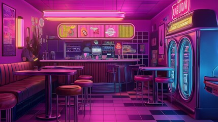 Obraz premium Neon Retro Bar Interior Illustration