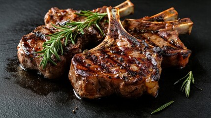 Delicious grilled lamb chops garnished with fresh rosemary on a dark background, showcasing a savory and appetizing meal.