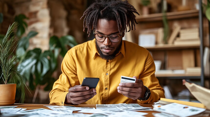 African American men holding and setting up a new credit card and holding the phone