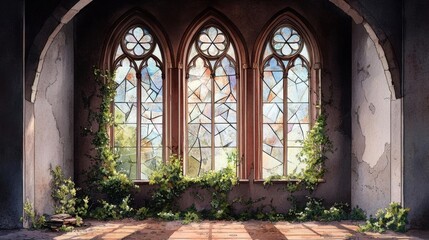 Abandoned room with arched windows, overgrown with plants, showcasing a blend of nature and architecture in soft sunlight.