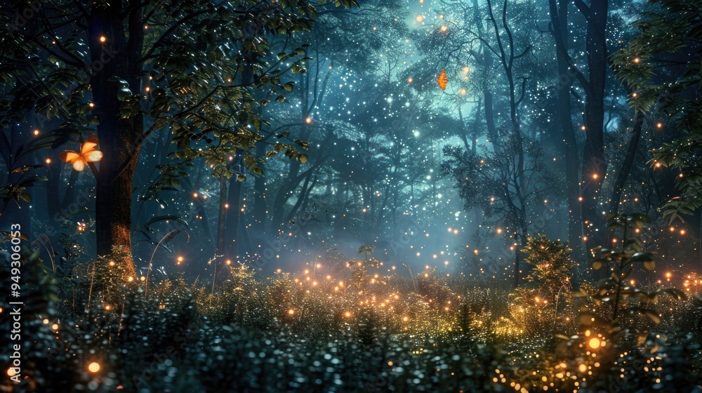 Poster a magical scene of many fireflies flying through the air in a dense forest